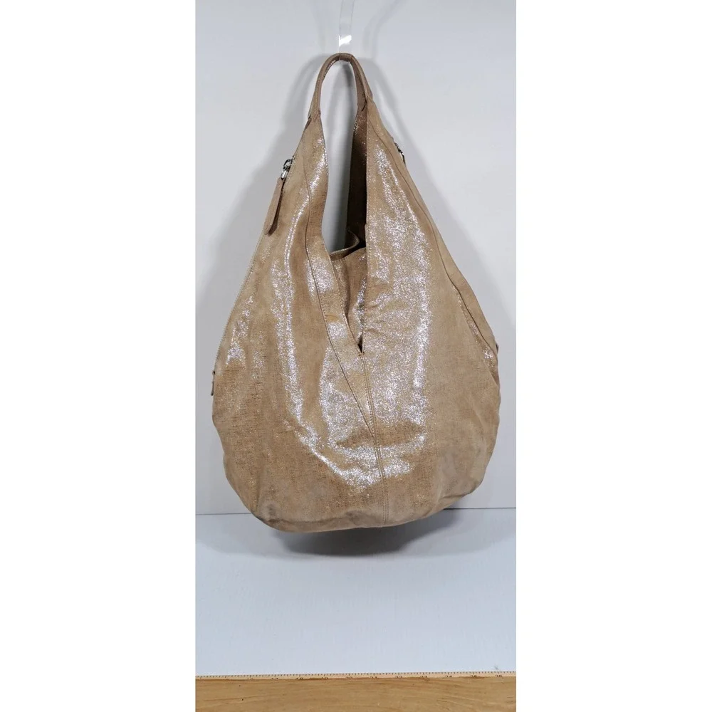 Donald J Pliner Metallic Champagne Leather Hobo Bag Made in Italy Slouchy Purse